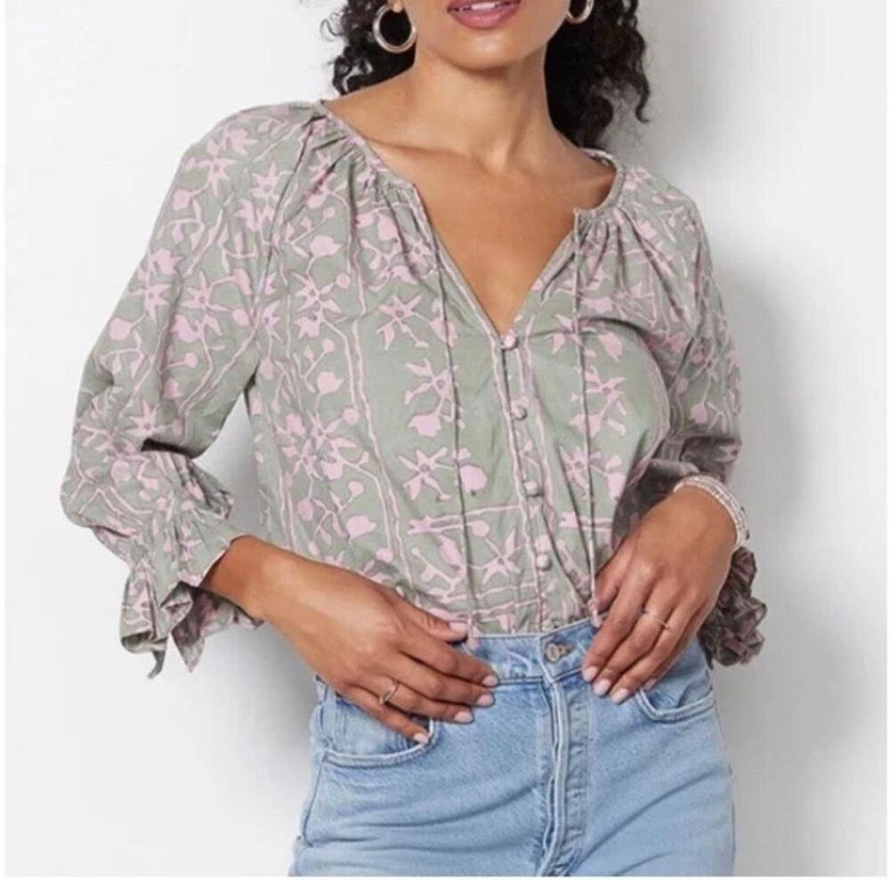 Cleobella Geen Pink Whitley Ruffle Sleeve Button Front Top Size Small